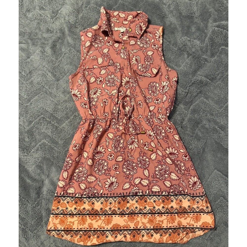 Sleeveless Floral Button-Front Dress in Dusty Rose with Border Print